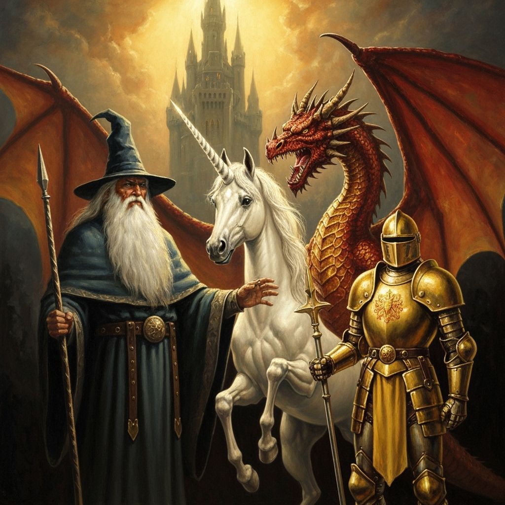 Epic Fantasy Scene: Wizard, Unicorn, Dragon, and Knight at C...