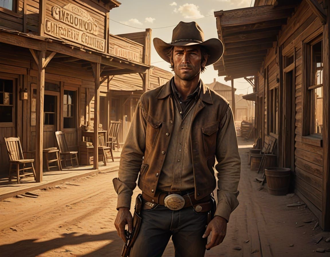 Retro Western Cowboy in a Dusty Old-West Town