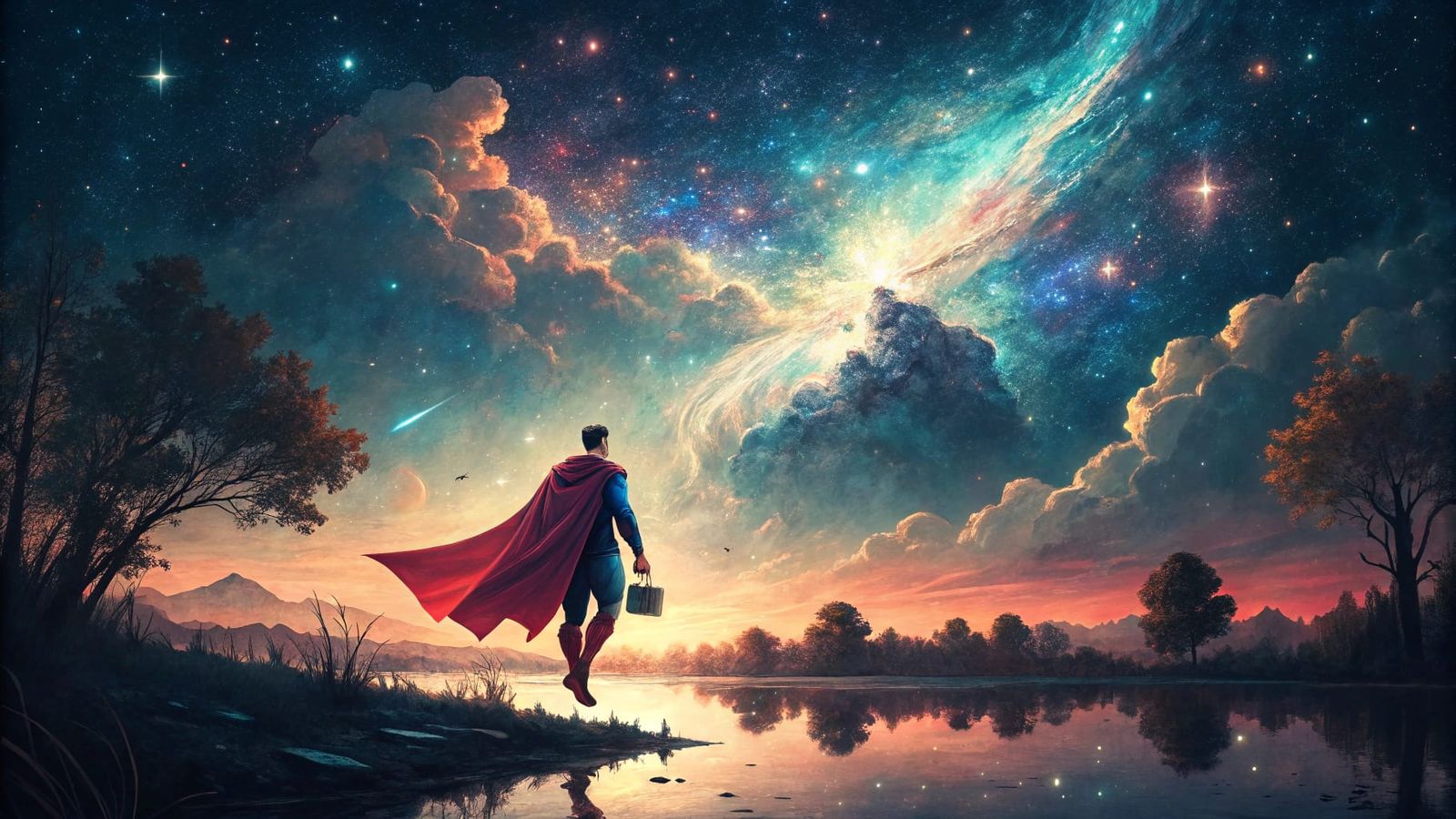 Superman Flies Through Starry Night Sky