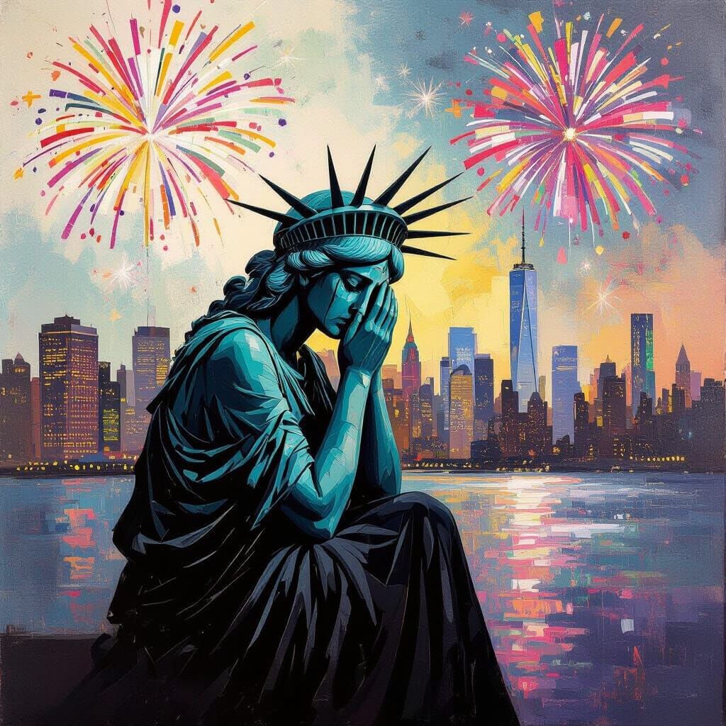 Grieving Lady Liberty in Abstract Expressionist Style