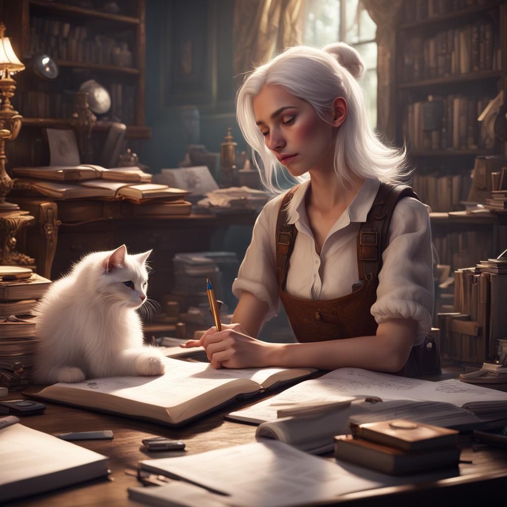 Girl Studying with Cat, Detailed Matte Painting