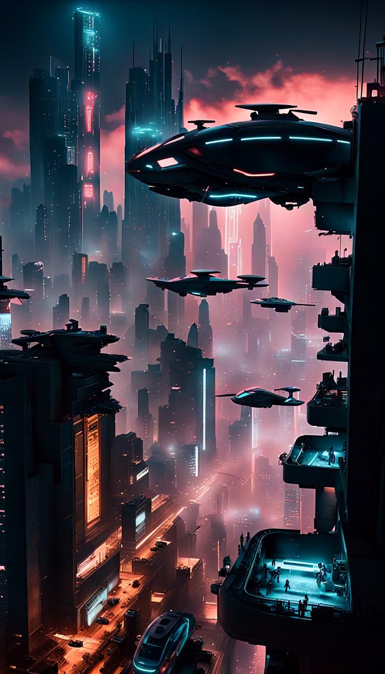 Futuristic Dystopian Cityscape at Night in Cyberpunk Style