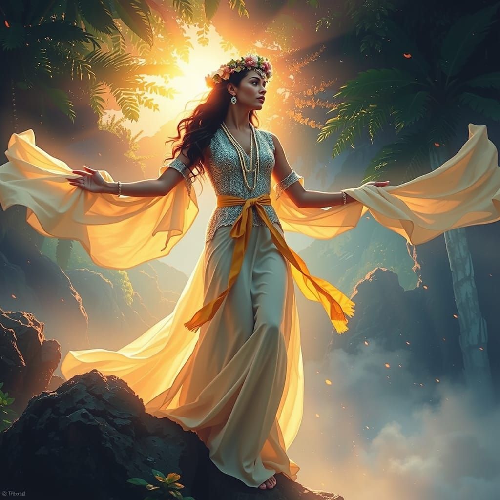 Polynesian Beauty in Jungle, Art Nouveau Style