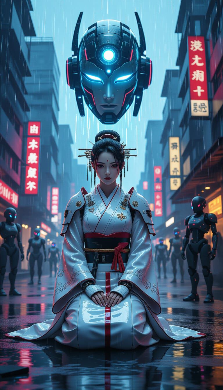 Cyberpunk Robotic Priestess in Dystopian Cityscape