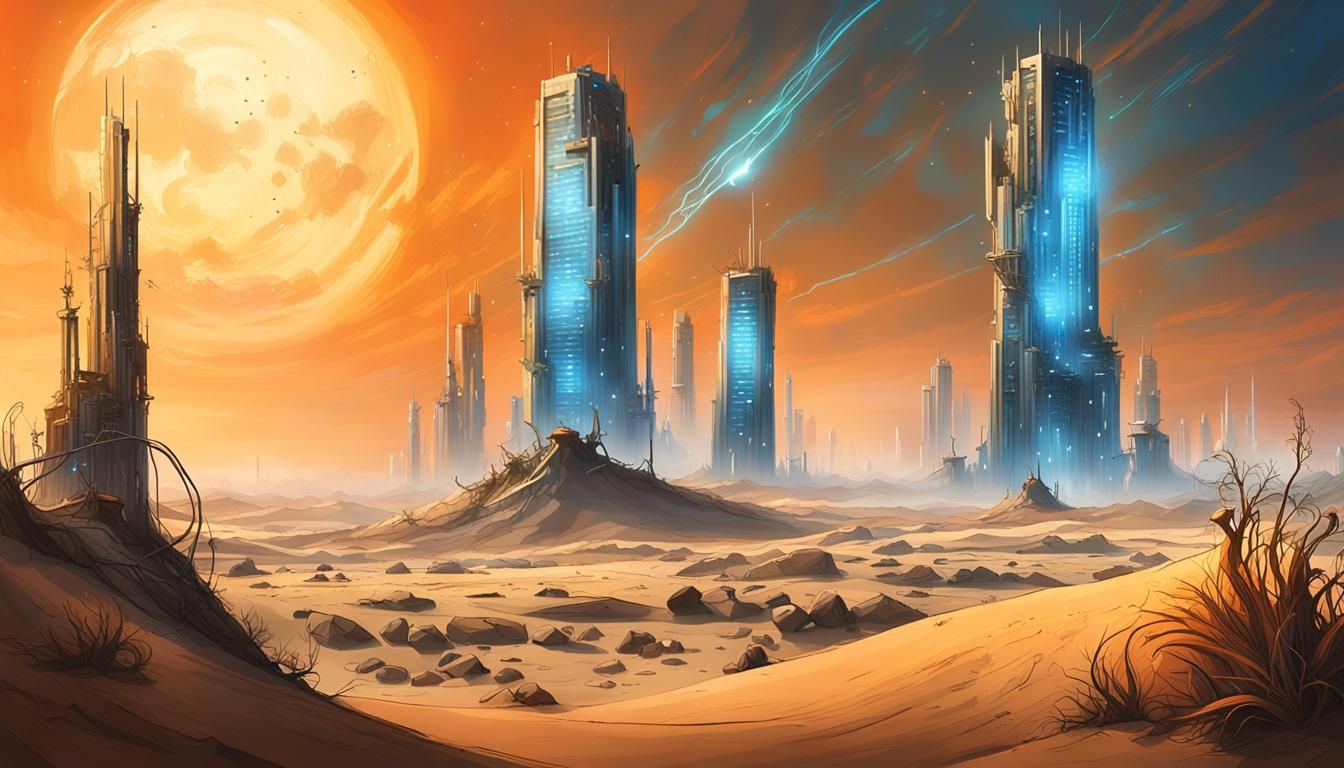 Dystopian Sci-Fi Towers in Desert Sandstorm