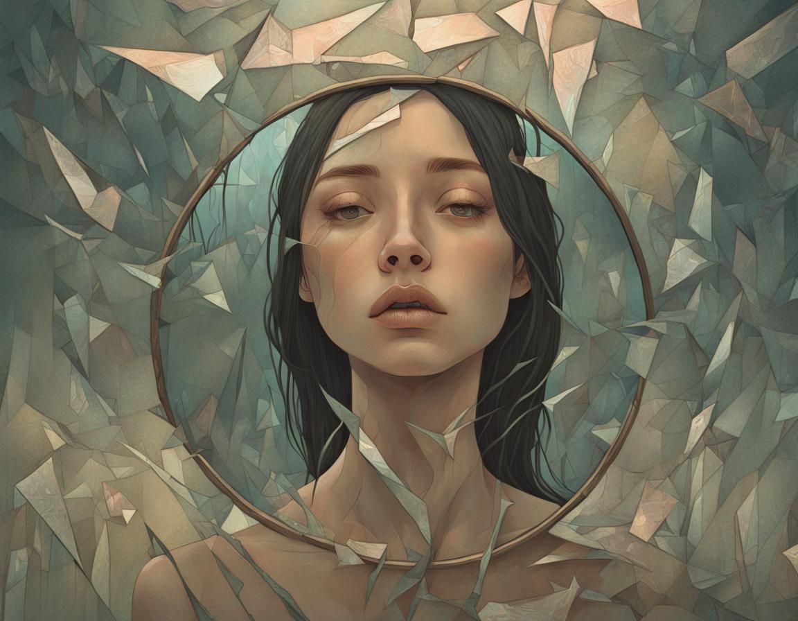 Surreal Woman's Portrait in Broken Mirror