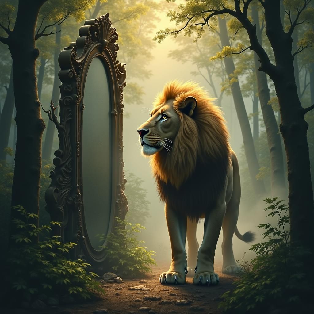 Lion Contemplates Reflection in Misty Forest