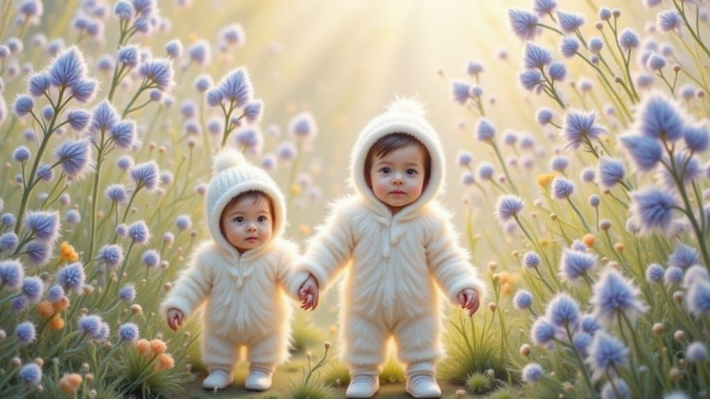 Whimsical White Babies in a Sun-Dappled Meadow with Dark Blu...