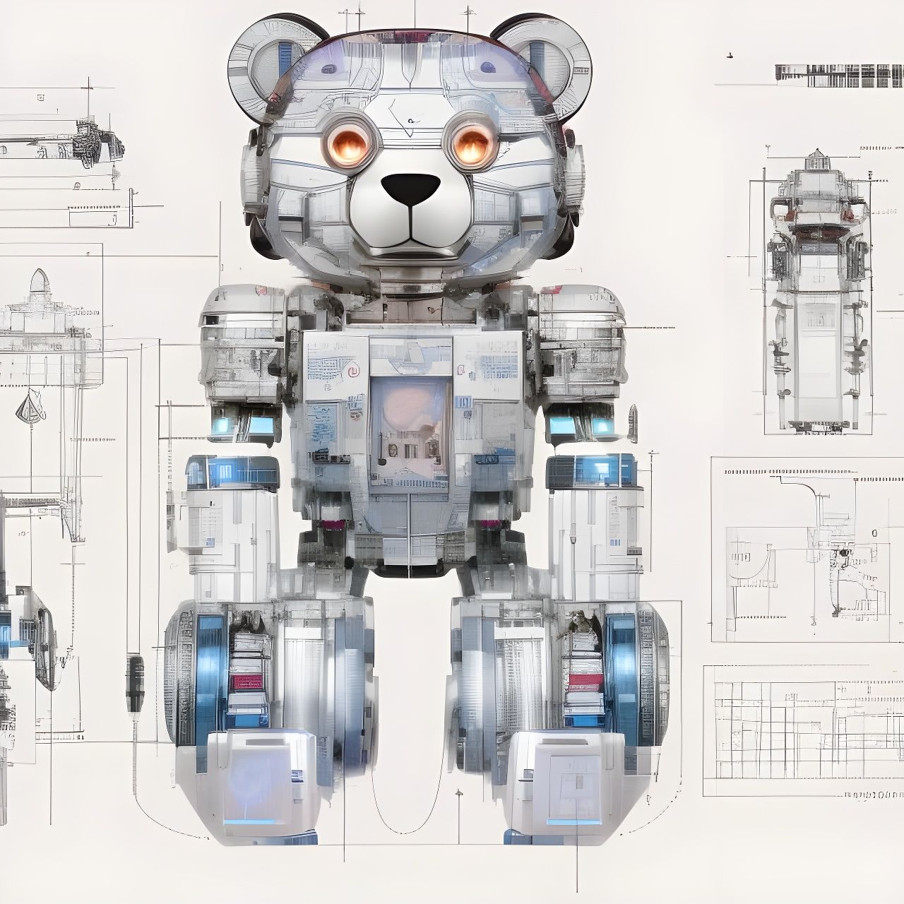 Robotic Teddy Bear Blueprint in Ballpoint Style