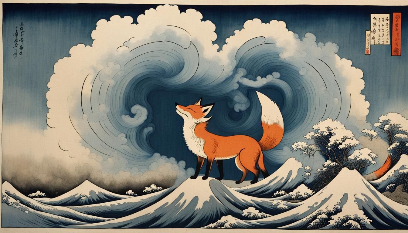 Fox Smoke Cloud in Ukiyo-e Woodblock Style