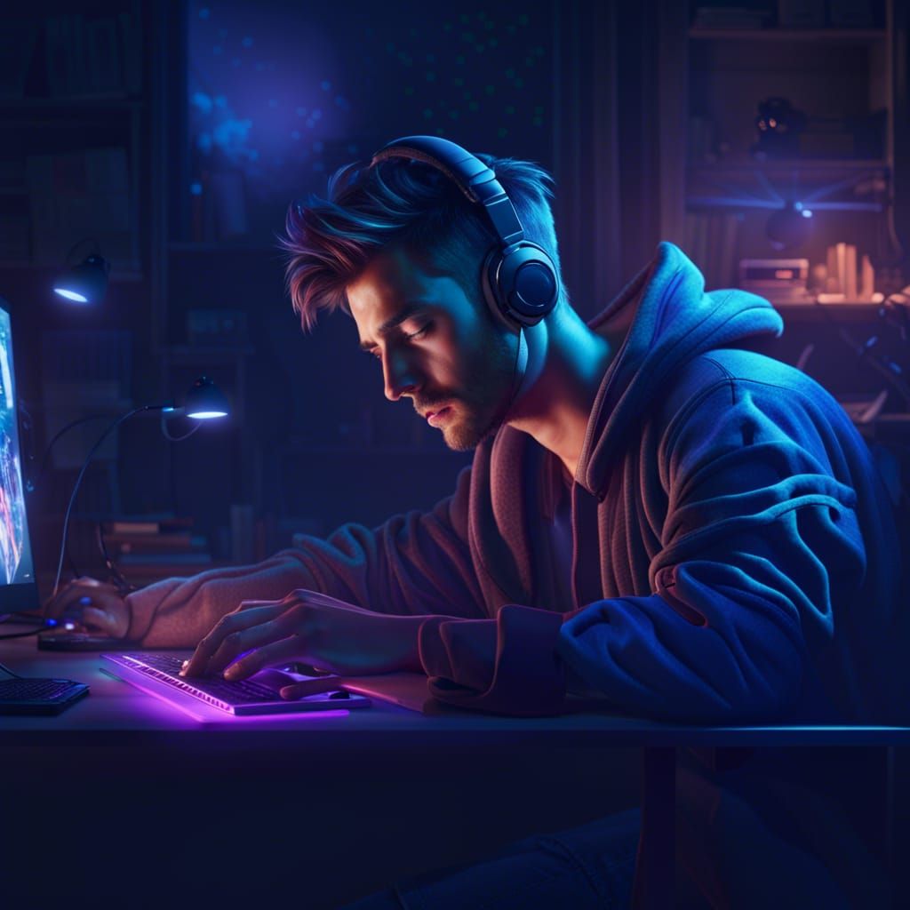 Young Man Gaming at Night: Fantasy Concept Art