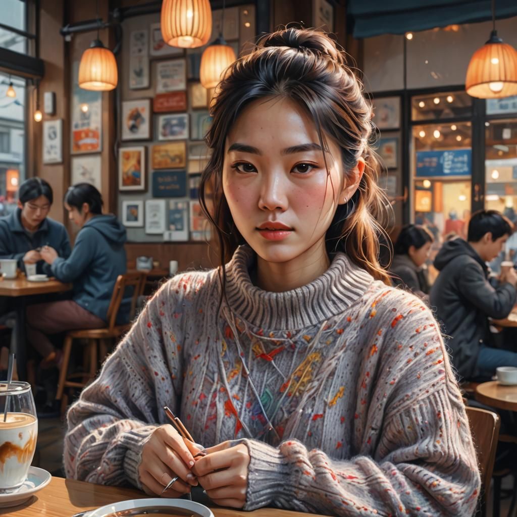 Korean Girl Knitting in Café: Hyperrealistic Splash Art
