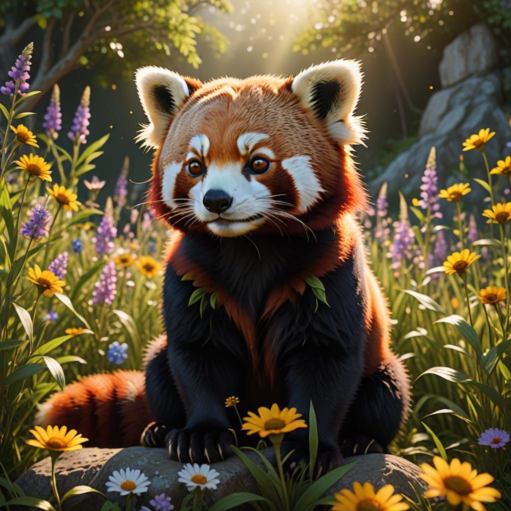 Red Panda Cub in Wildflowers, Anime Style