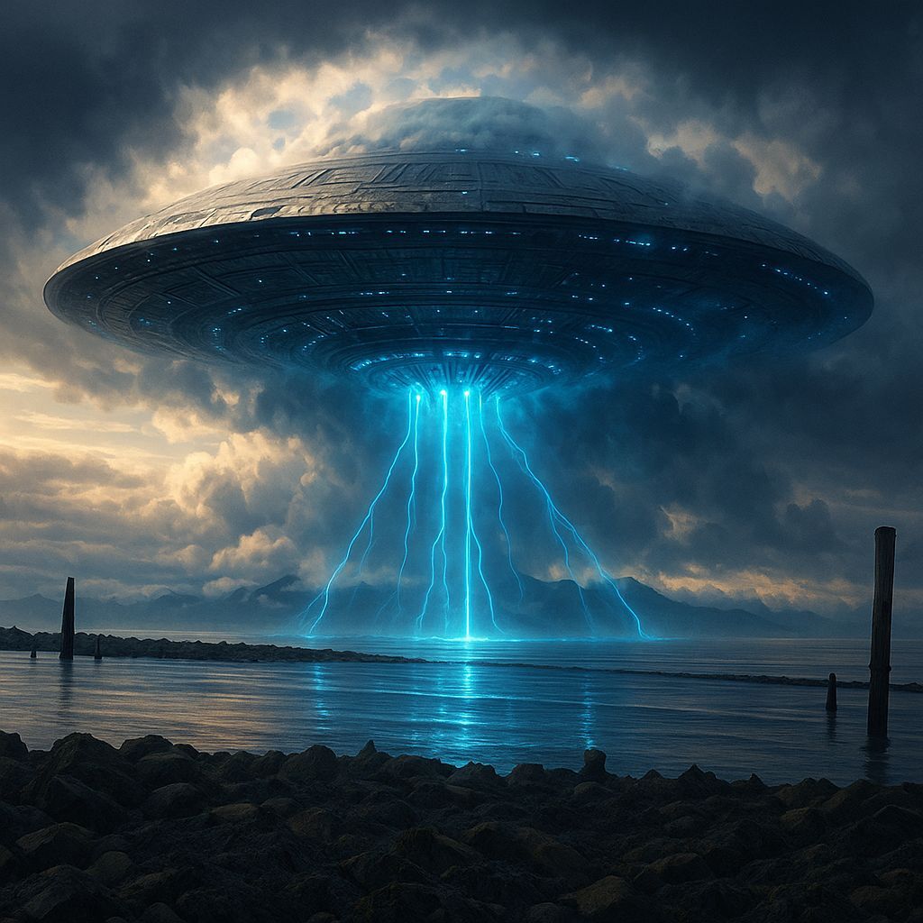 Alien Mothership Descends with Blue Filaments of Light