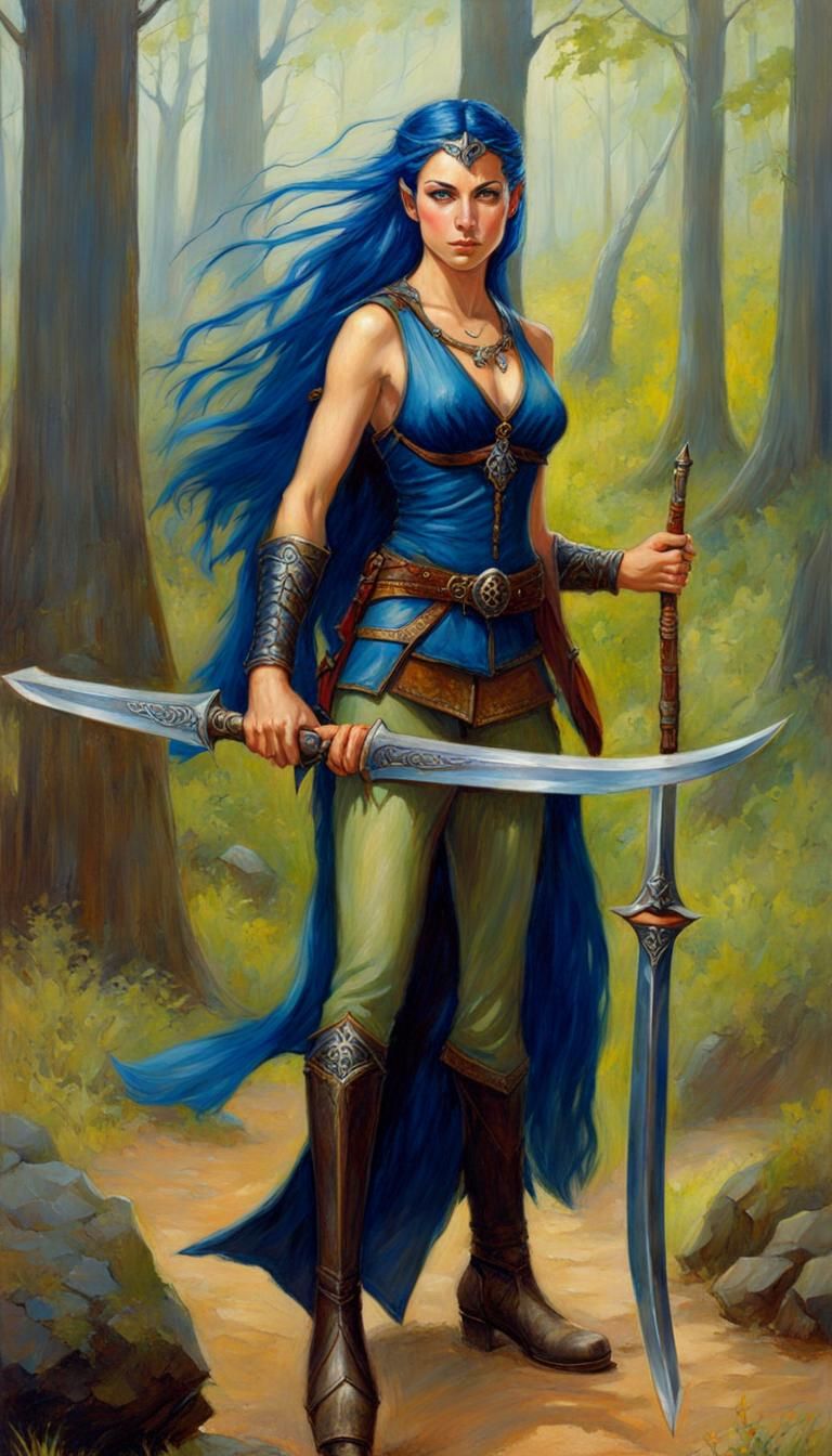 Elven Ranger with Blue Hair as Oil Painting