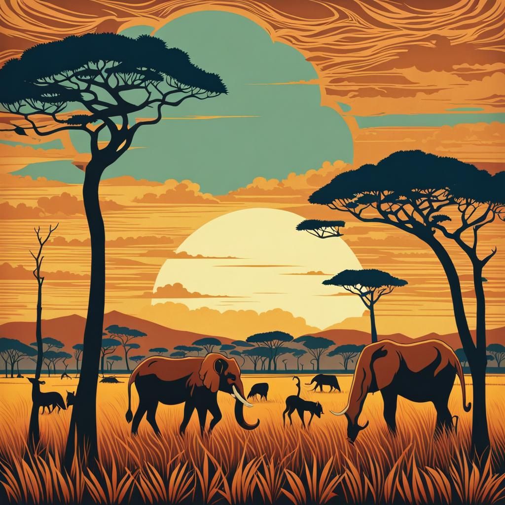 Art Nouveau Savannah Animals in Distance