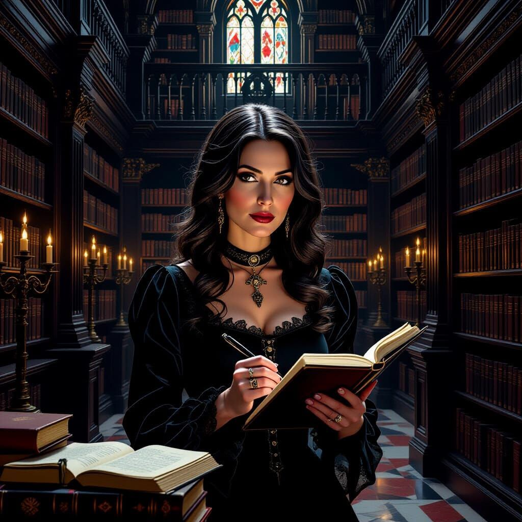 Gothic Playwright Contemplating Ideas in Antique Library