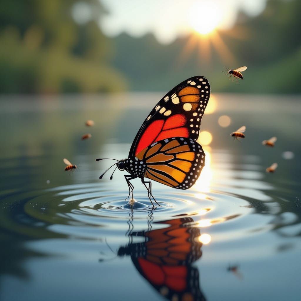 Ladybug in Flight Over Serene Lake