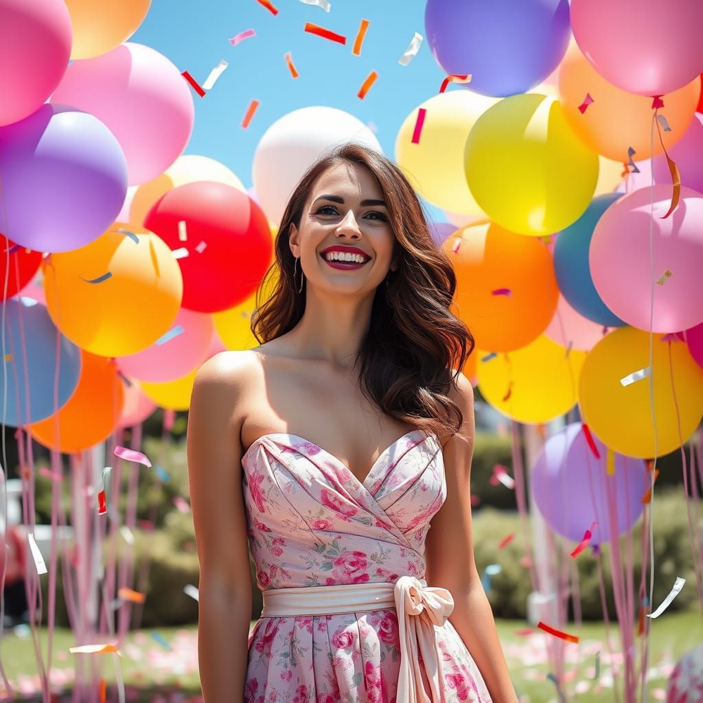Woman Smiles in a Whimsical, Colorful Celebration