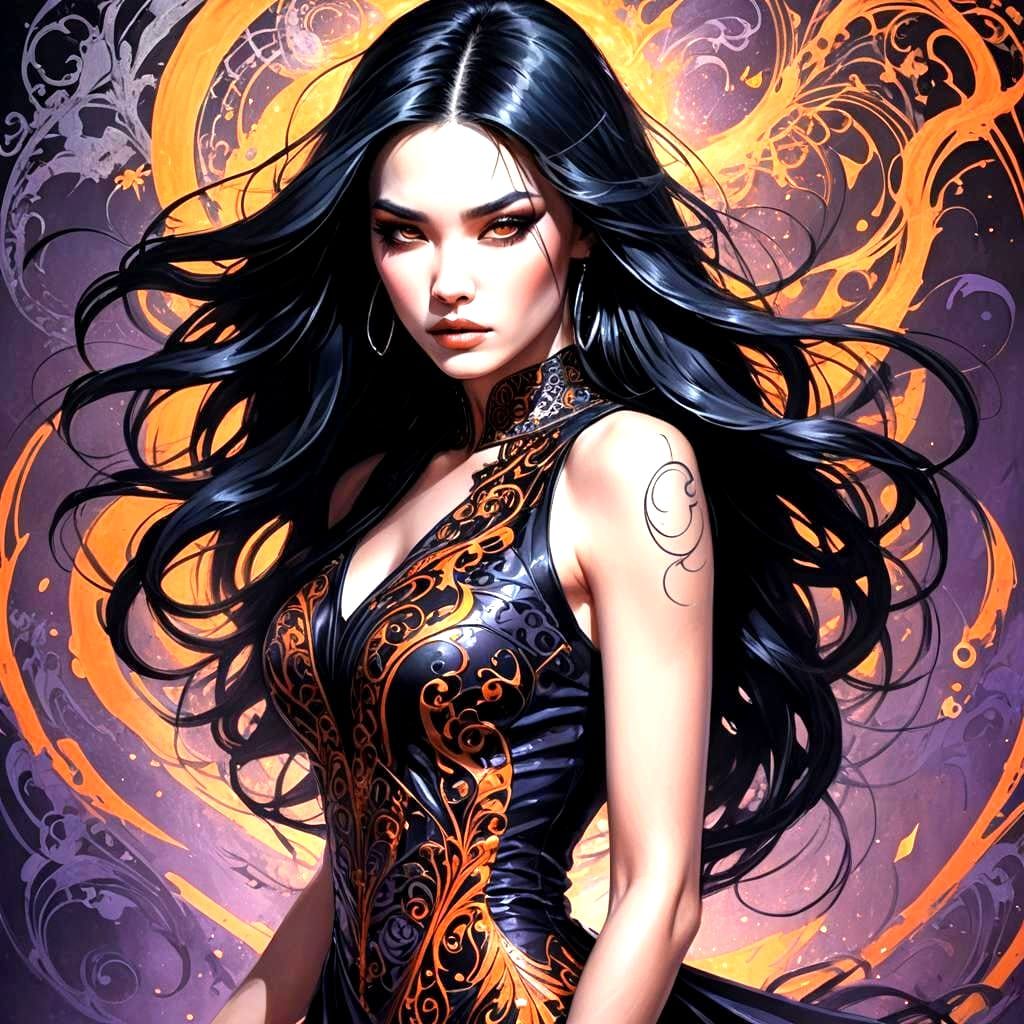 Beautiful Model in Black Dress: Matte Painting