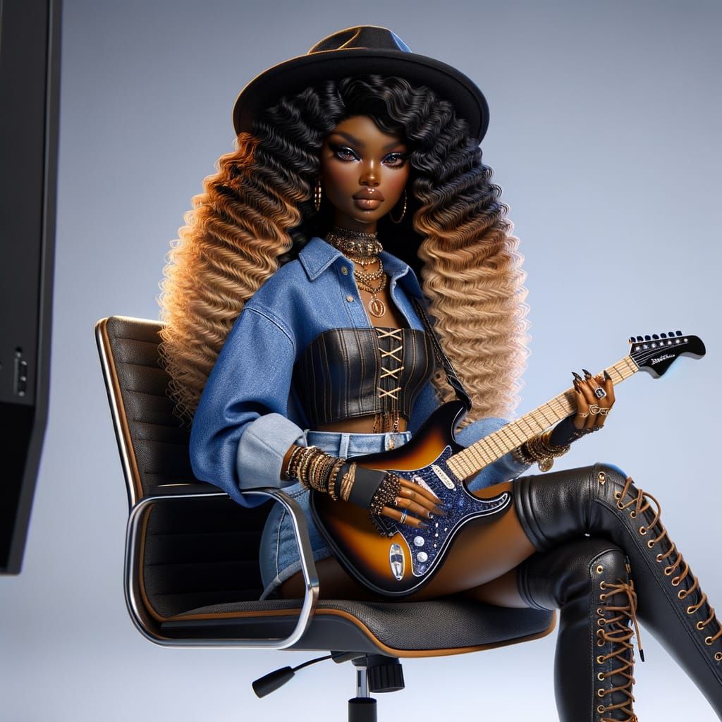 Fashion Doll Woman with Guitar in Matte Painting Style