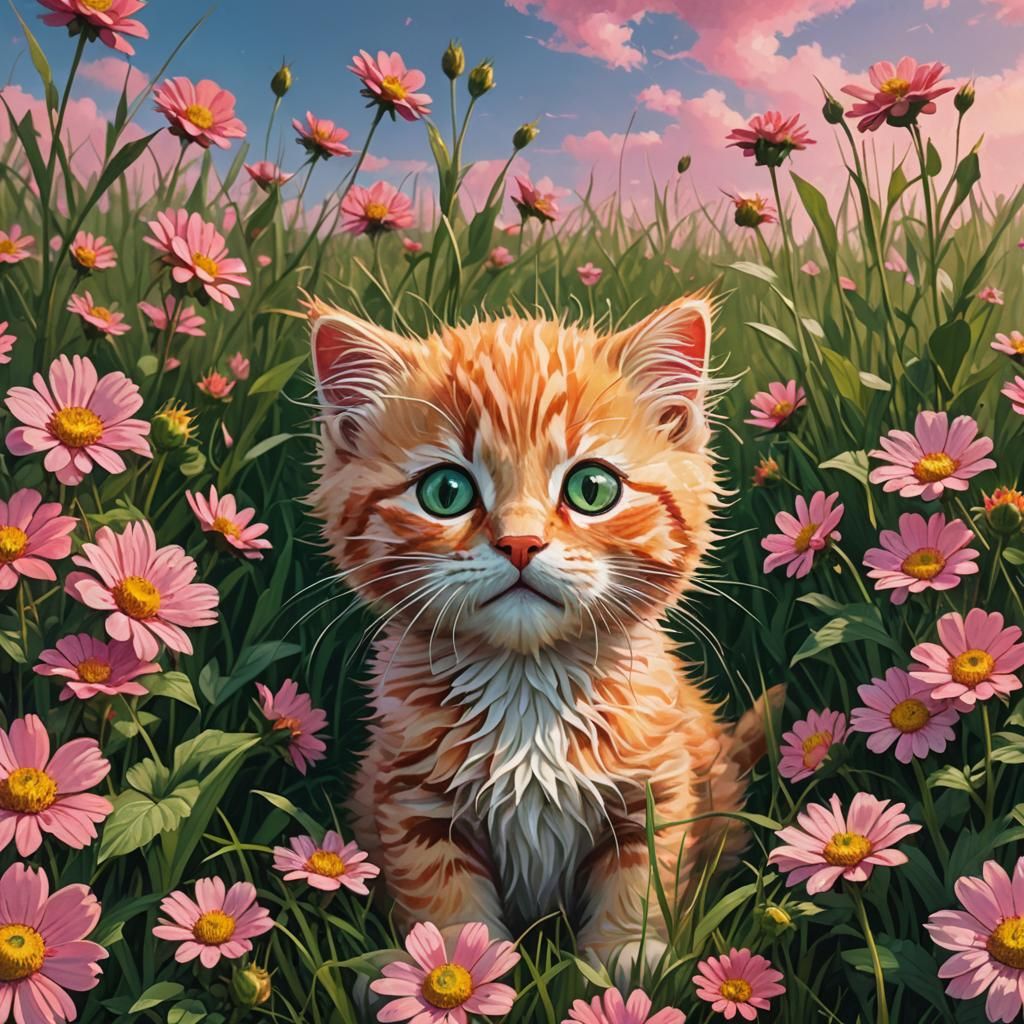 Strawberry Kitten in Flower Field: Digital Matte Painting