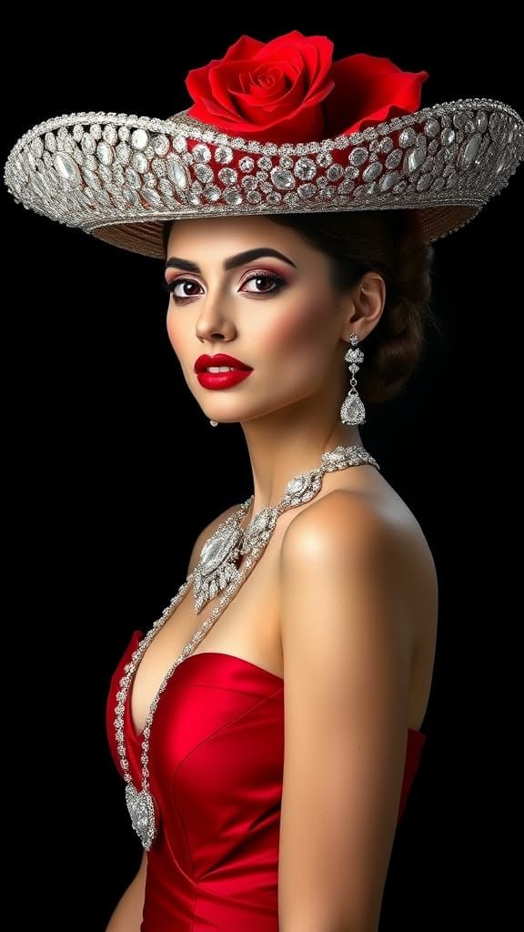 Elegant Woman in Red Hat with Sparkling Diamonds