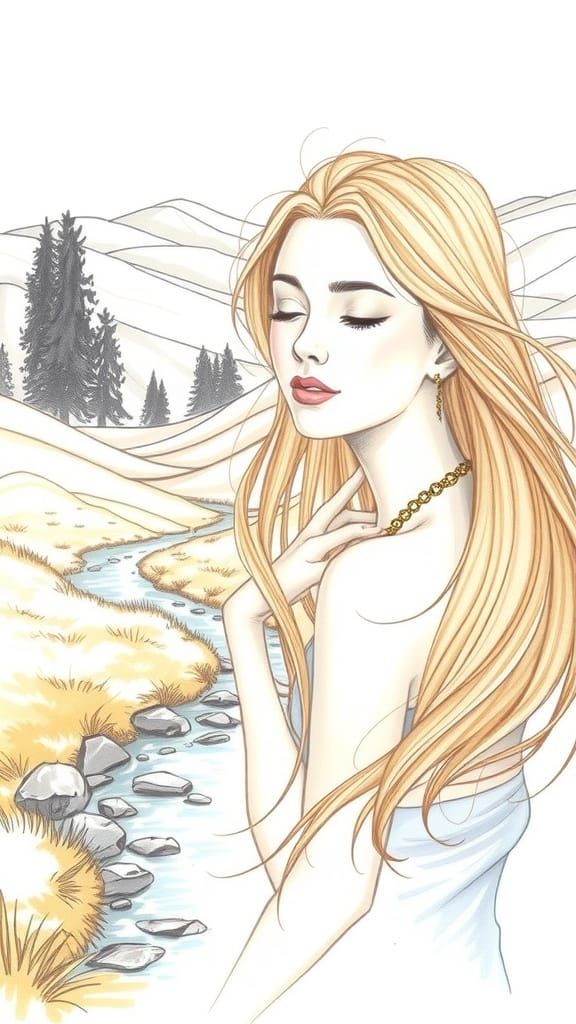 Ethereal Woman in Golden Pencil Lines