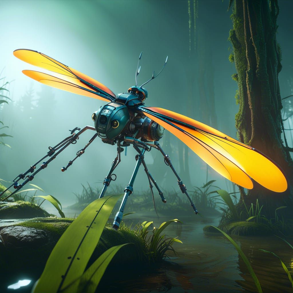 Mechanical Dragonfly Chasing Robots in Misty Swamp