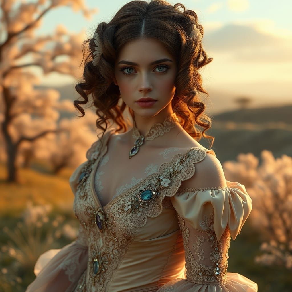 Victorian Woman in Windswept Landscape: 3D Render