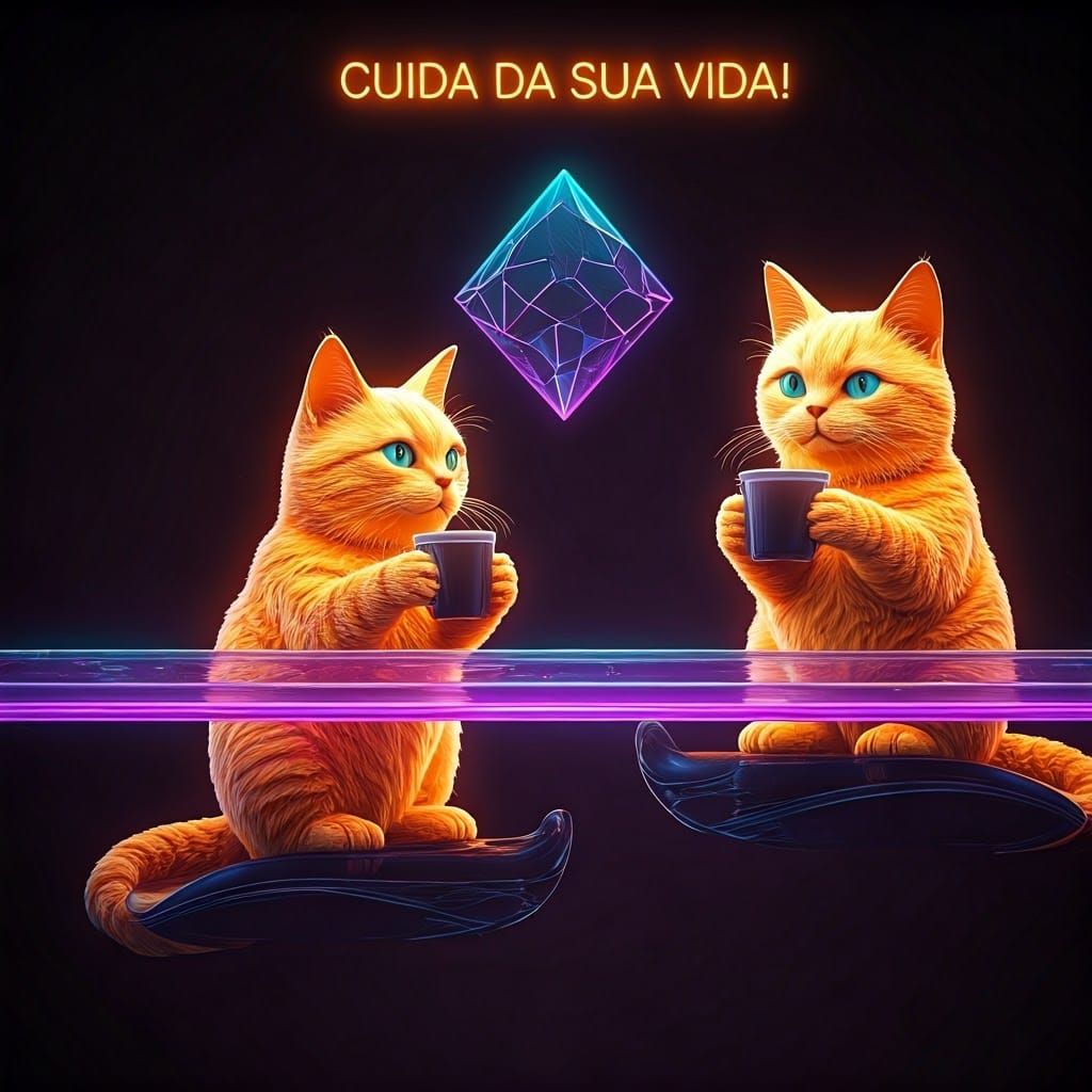 Neon Cats Transformed into Letters Sipping Coffee