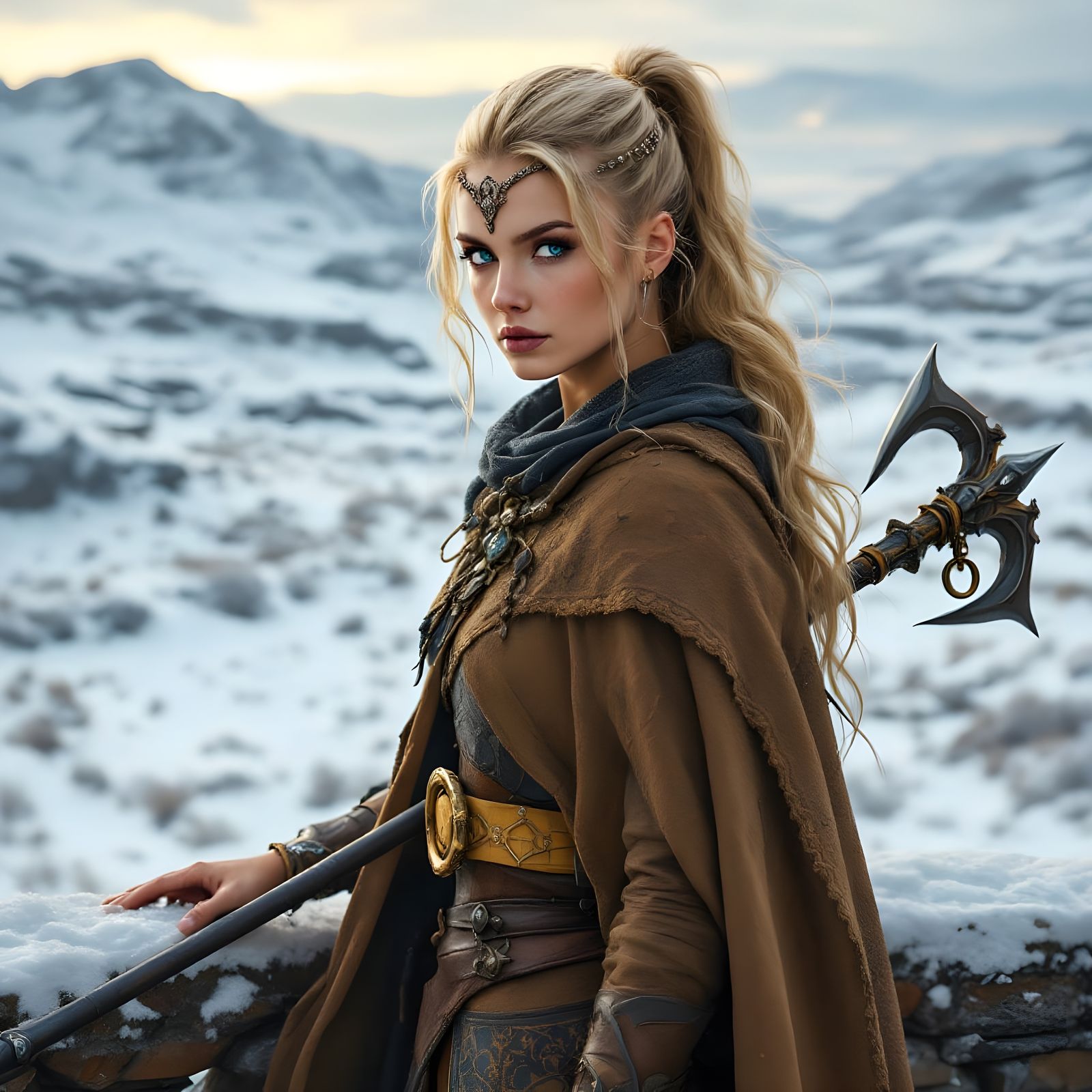 Norse Goddess Syn Guarding Fortress at Sunrise