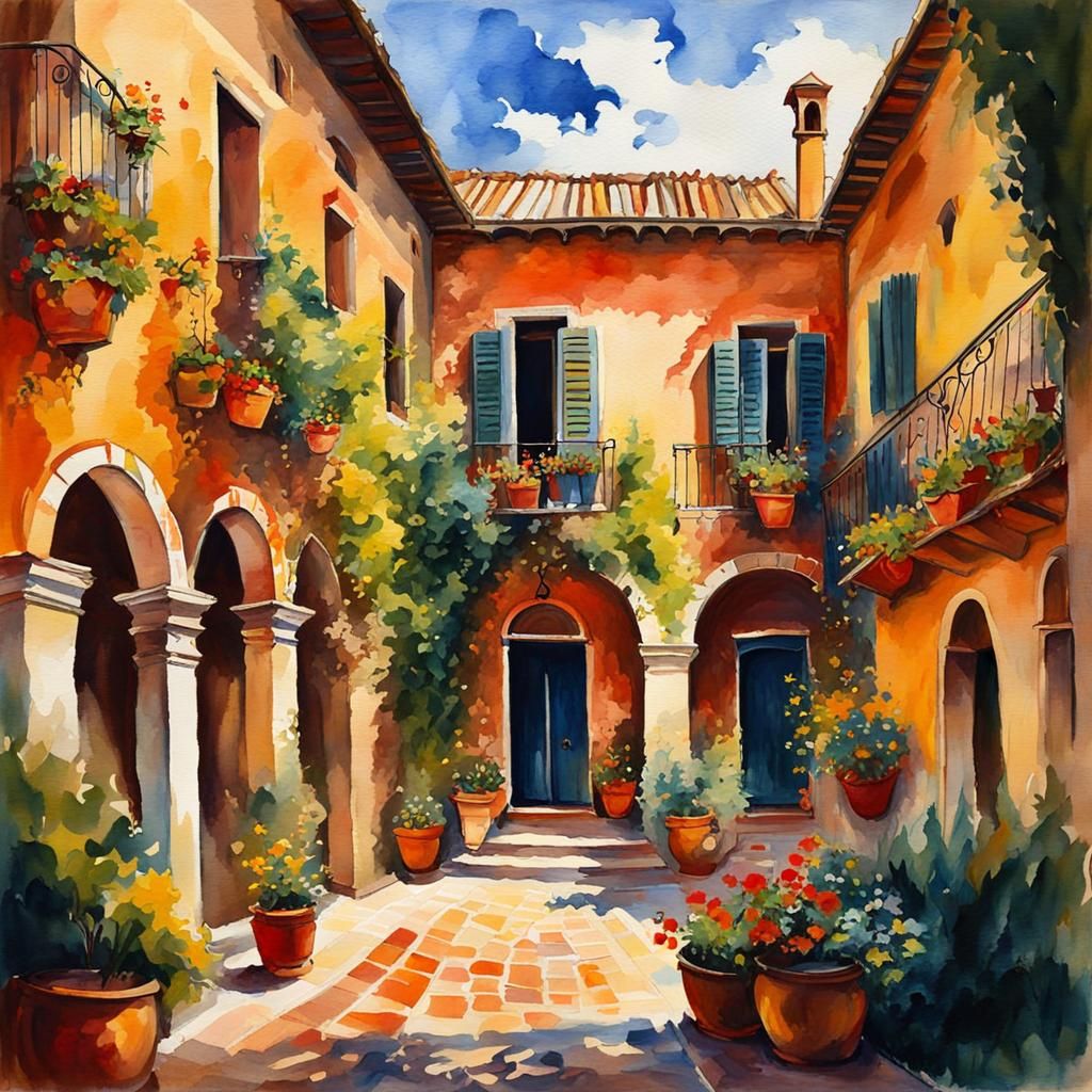 Italian courtyard in Gouache Style