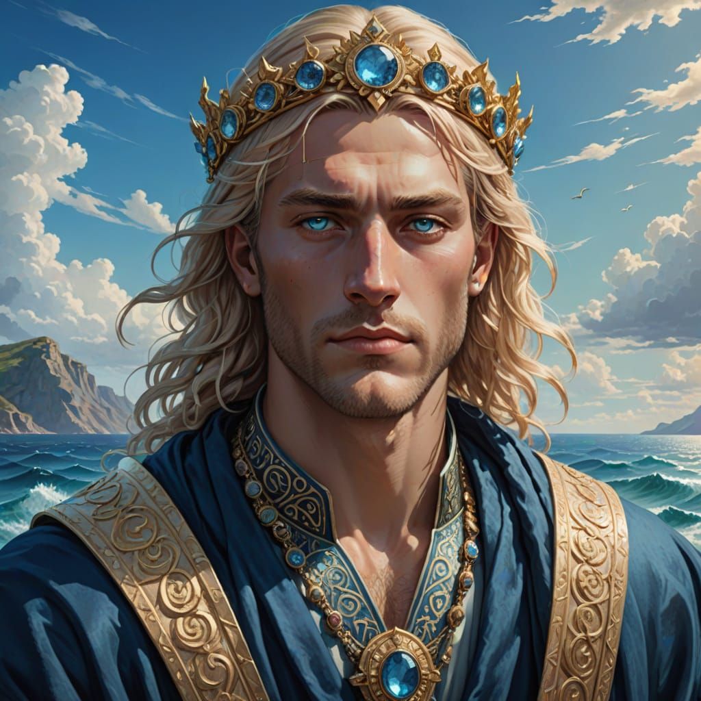 Young God of the Sea in Majestic Blue Robes