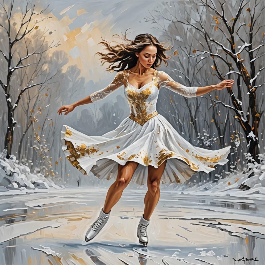 Figure Skater's Winter Spin: An Impasto Oil Painting