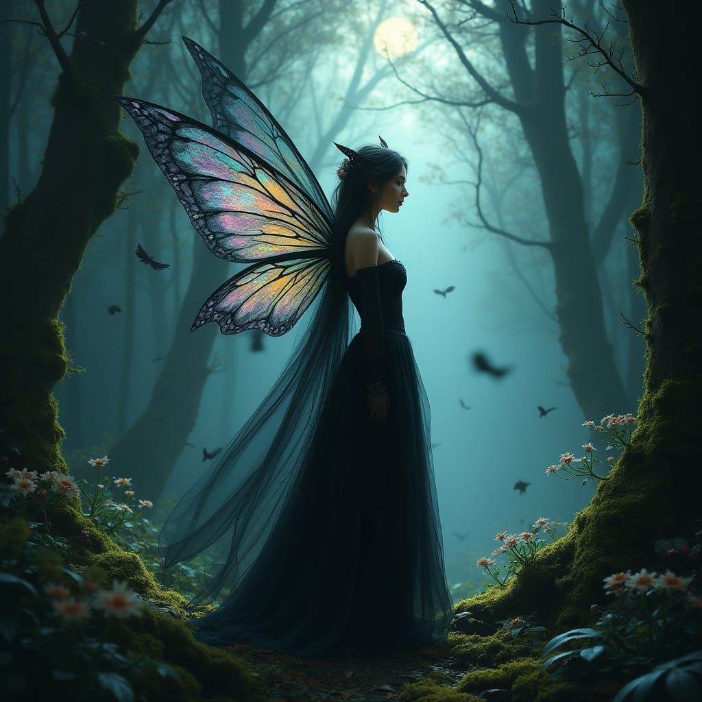 Ethereal Dark Fairy in Moonlit Misty Forest Digital Painting