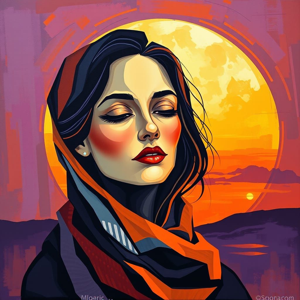 Surrealistic Portrait of a Woman under a Vibrant Setting Sun