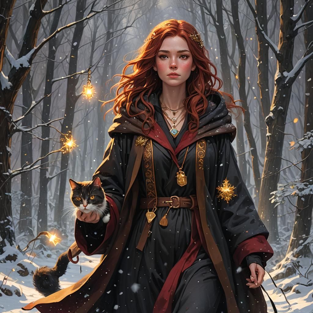 Girl with Wand in Snowy Forest, Fantasy Oil Painting