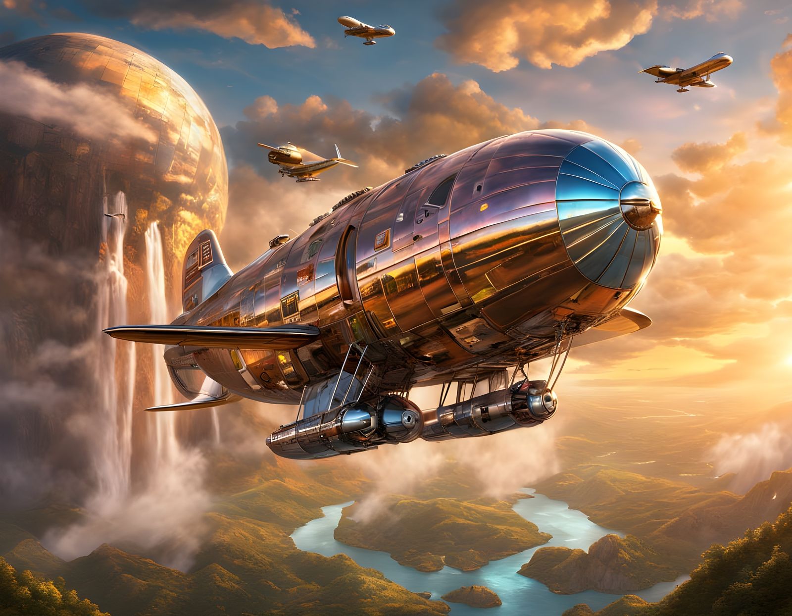 Steampunk Waterfall Airship Amidst Nebula Clouds