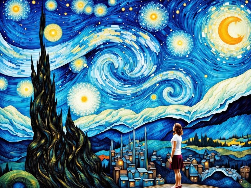 A Dreamy Post-Impressionist Night Scene with a Woman in a Se...