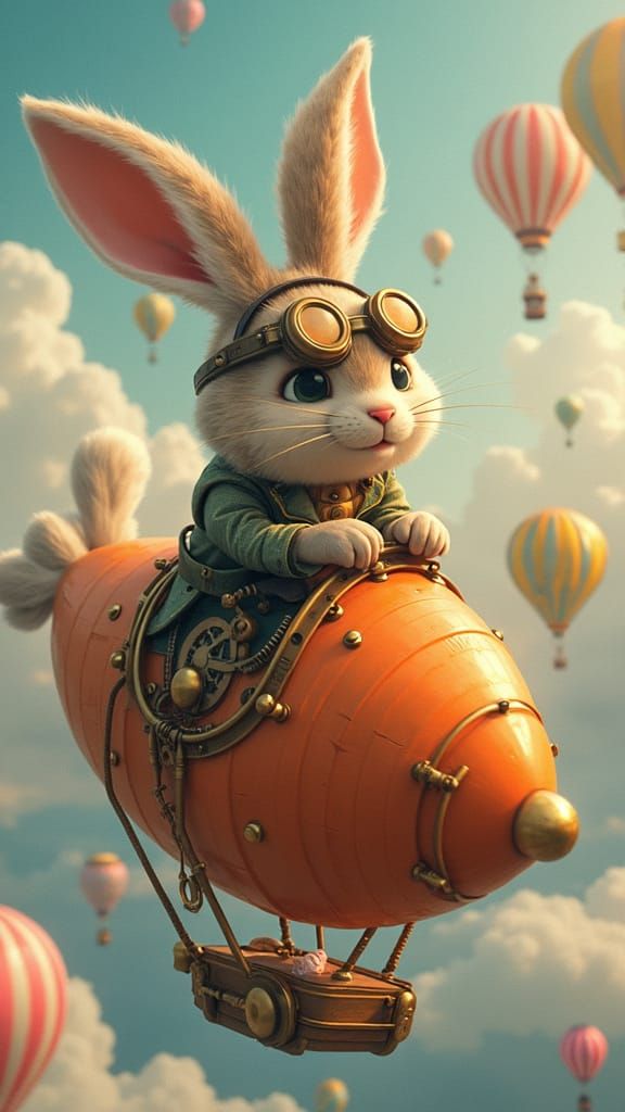 Steampunk Easter Bunny Airship Pilot in a Vibrant Fantasy Sk...