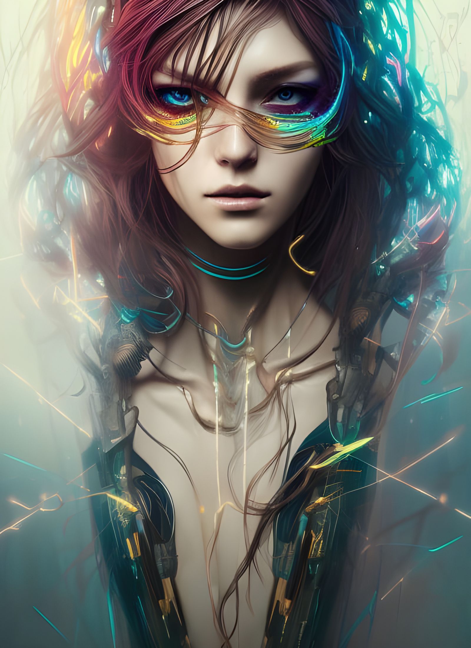 Cyberpunk Goddess with Neon Hair, Digital Illustration