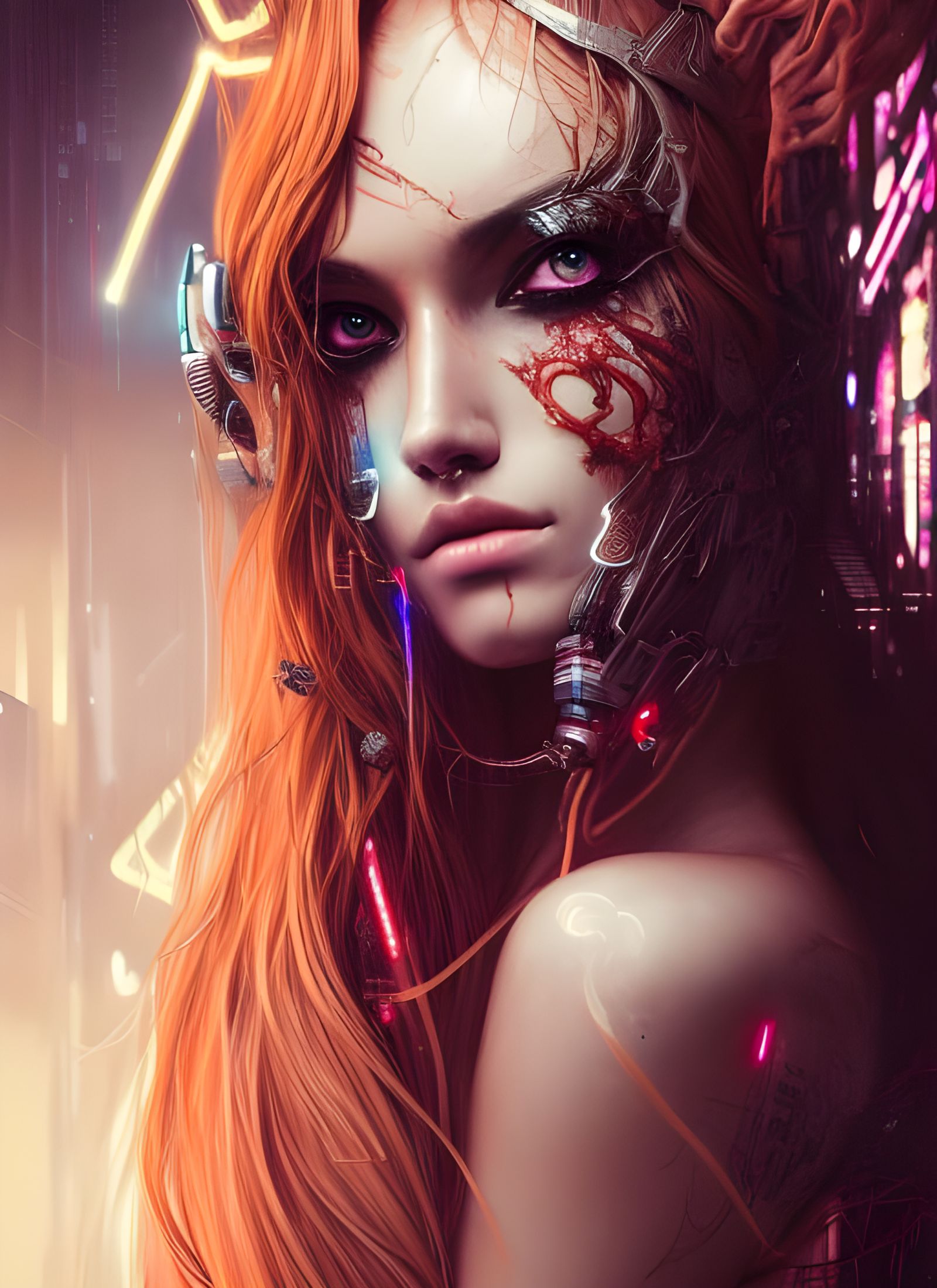 Cyberpunk Goddess with Flowing Neon Hair