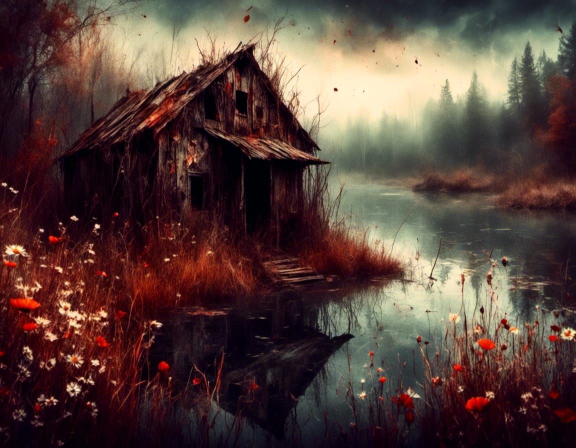 Melancholic Lakeside Shed in Macabre Watercolor Style