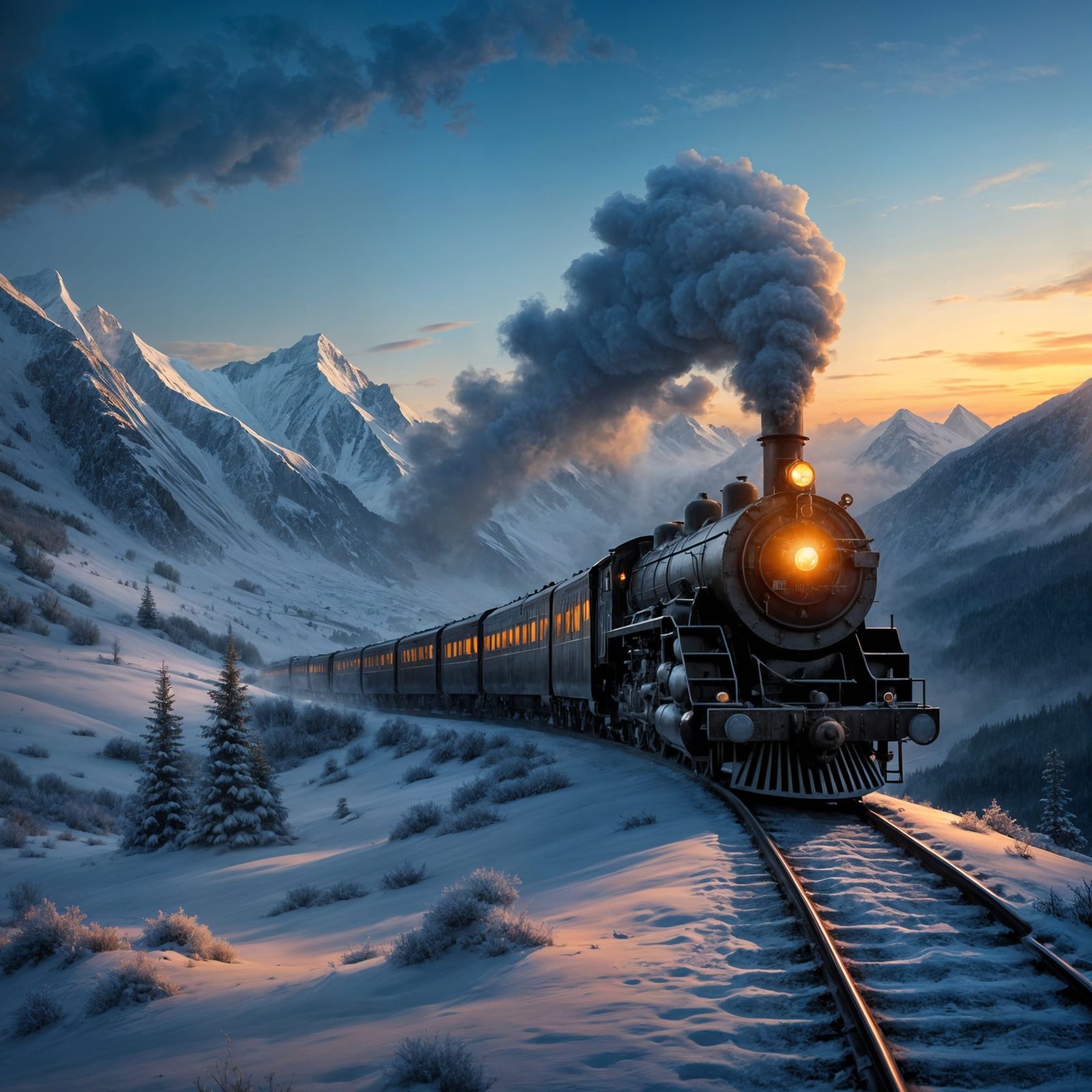 Steam Train in Snowy Mountain Pass at Twilight