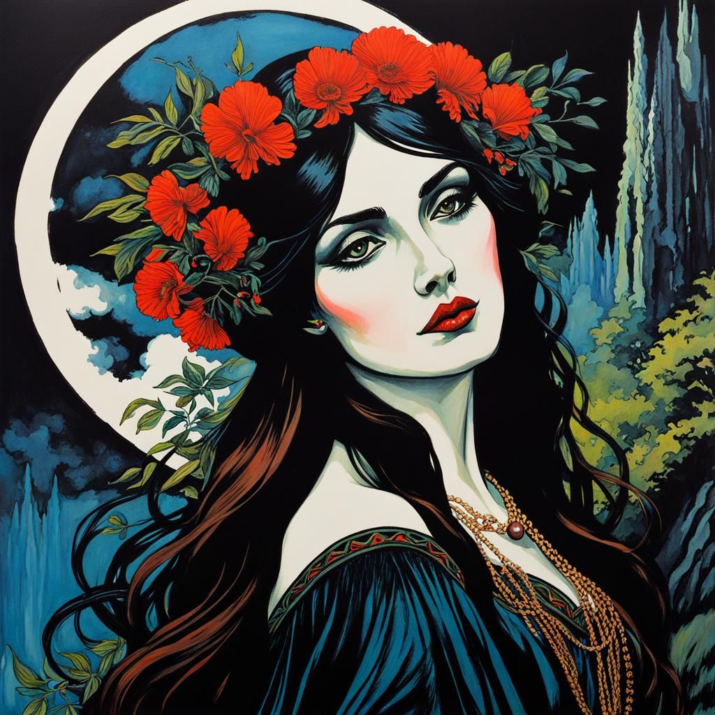 Gothic Druidess in Gouache Ink Print