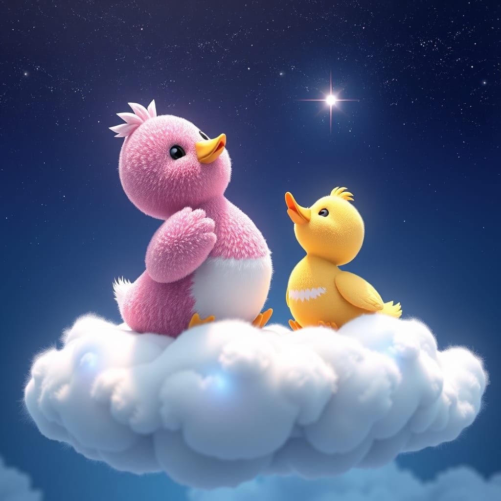 Sparkly Ducks Soar Through the Starry Night Sky in Anime Sty...