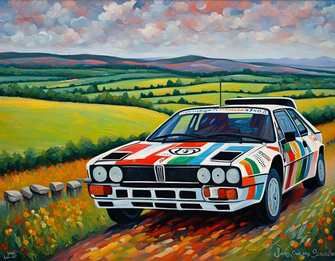 Punk Man and Lancia 037 in Neo-Impressionism Style