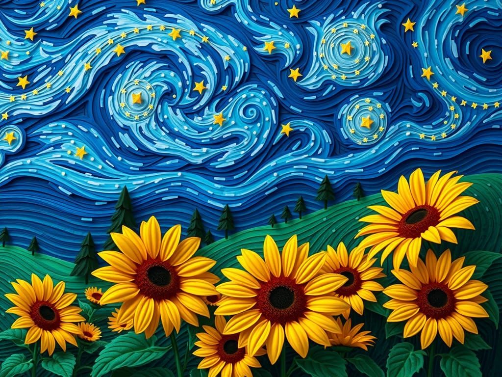 Quilled Sunflowers Under Starry Sky as Pointillism Art