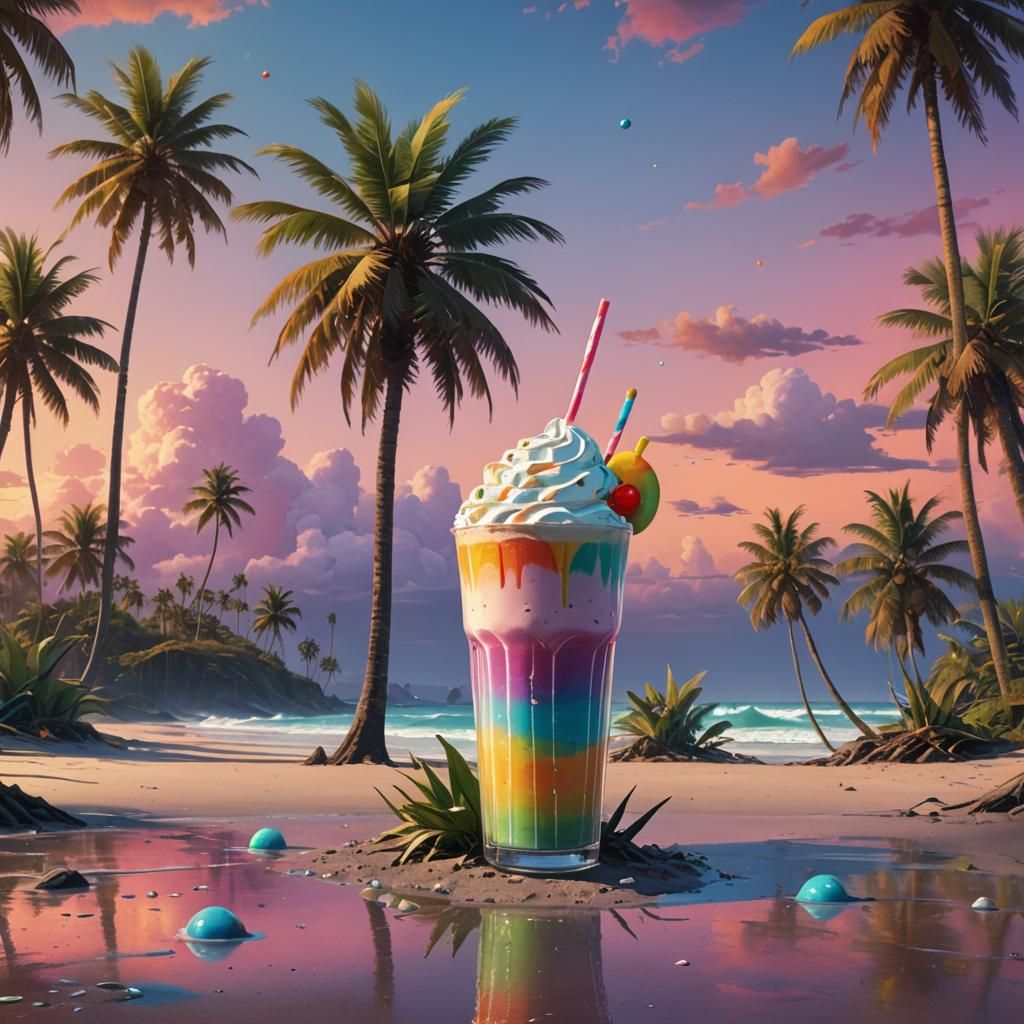 Rainbow Milkshake on a Beach: Digital Matte Painting
